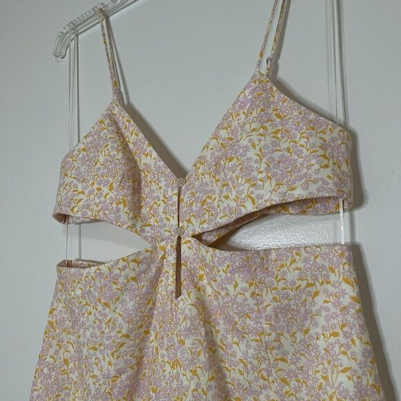 Zara Orange Multi floral side cutout mini tank shift Linen dress size US Large - Picture 4 of 7